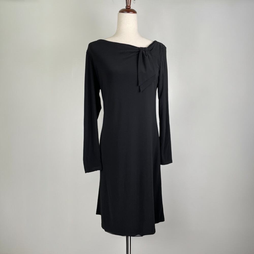 Vintage 90s Tiana B Long Sleeve Black Dress Size M Boat Neck Bow Detail LBD